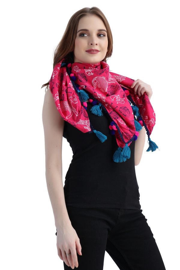 INDHA Scarf in Hand Block-printed Cotton with Tassels | Corporate Gifting | Eco-fashion | Sustainable Apparel | Pink and Blue Scarf