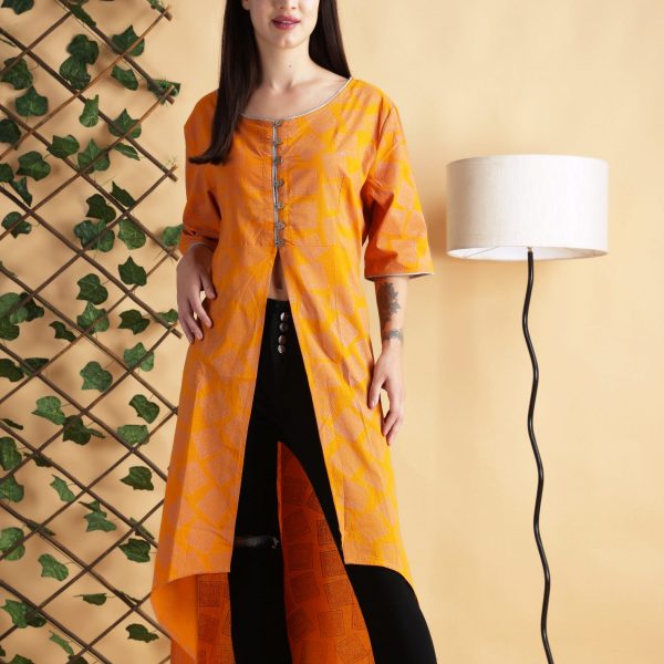 Traditional Hand Block Printed Mustard Yellow Cotton Buttoned Shrug