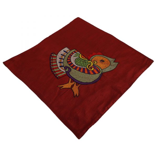 Multicolor Robin-Bird Design |Hand Embroidered |Maroon And Green Dupion Silk Throw Cushion Cover|Festival Gift |Ethnic Indian Home Furnishing