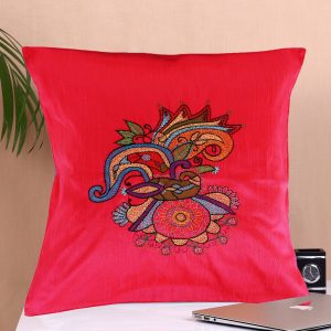 INDHA Cushion Cover Set of 2 with Hand-embroidered motif | Embroidered Silk | Wedding | Corporate Gifting |Pink And Sky Blue Dupion Silk Throw Cushion Cover Set |Beautiful Home Furnishing|Festive Gift