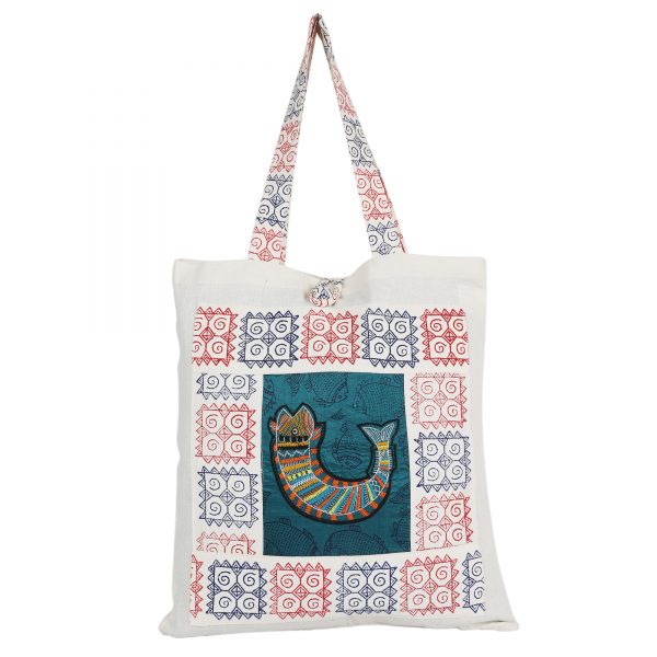 INDHA Multicolor Fish Embroidered And Block Printed Multipurpose Tote Bag