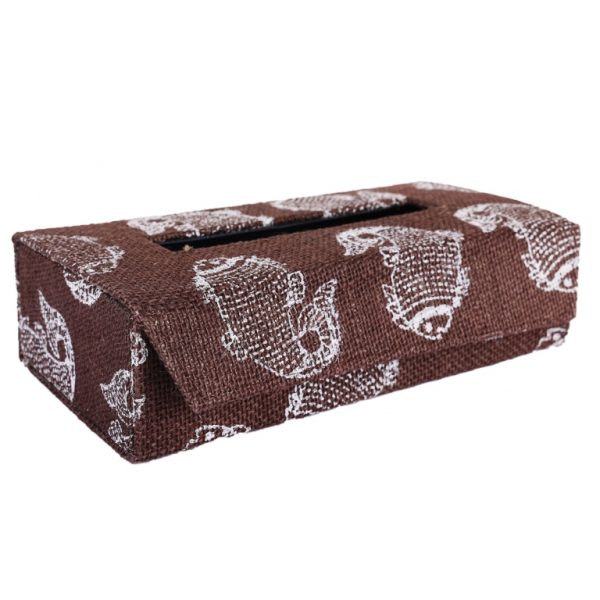 INDHA Fish Design Motif | Hand Block Printed Brown Jute |Wooden|Tissue Box Cover |Ecofriendly Gift