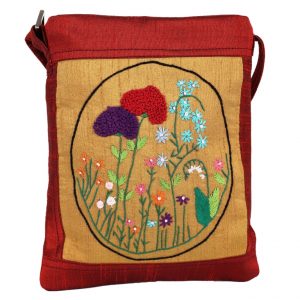 INDHA Floral Hand Embroidered Red And Gold Dupion Silk Sling Shoulder Bag