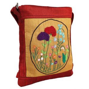 INDHA Floral Hand Embroidered Red And Gold Dupion Silk Sling Shoulder Bag