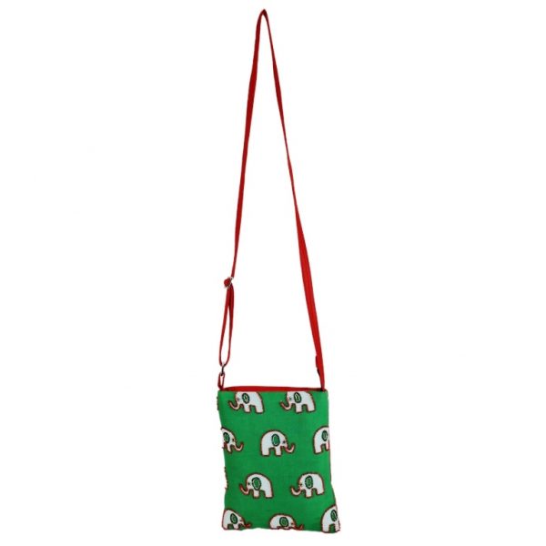 INDHA Elephant Design Motif| Zardozi Style Hand Embroidered Green And Red Dupion Silk Sling Shoulder Bag