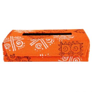 INDHA Sindhi Design Hand Block Printed Orange Jute |Wooden|Tissue Box Cover |Eco-Friendly Gift