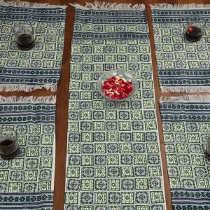 INDHA Hand Block Abstract Square Hand Block Printed Cotton Table Mat & Runner Set