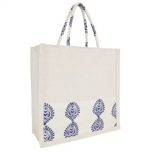 INDHA Traditional Hand Block Printed Design Motif In Blue Color Cotton Canvas Off-White Gift Bag | Hand Block Printed Gift Bag | Gifting| Shopping Bag | Lunch Bag | Picnic Bag | Traditional Tote Bag | Eco-Friendly