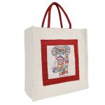 INDHA Multicolor Elephant Hand Embroidered In Kantha Work & Chain Stitch Cotton Canvas Off-White Gift Bag |Cotton Patch Work Bag| Hand Block Printed Gift Bag | Gifting| Shopping Bag | Lunch Bag | Picnic Bag | Traditional Tote Bag | Eco-Friendly