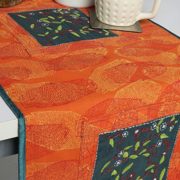 INDHA Table Runner With Block-Printed Mridang Motifs And Leaf Embroidery