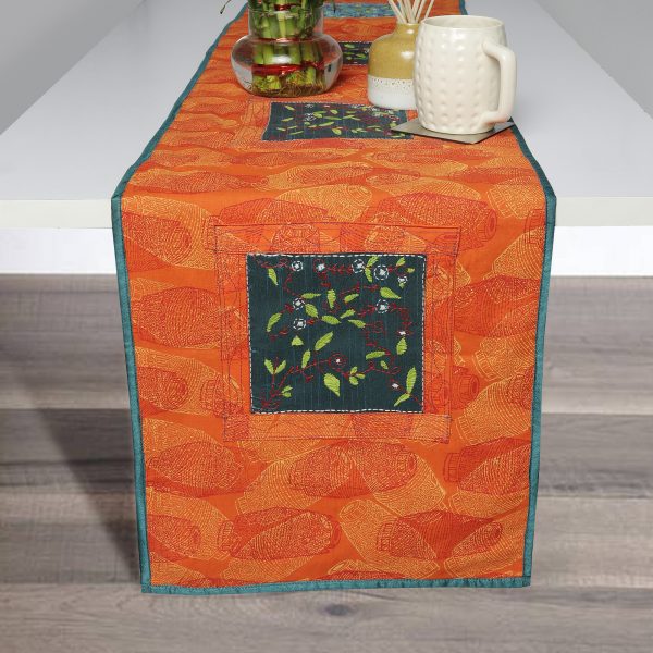 Cotton Hand Block Printed OrangeColour Traditional Hand Embroidered 6 Seater Dining Table Runner