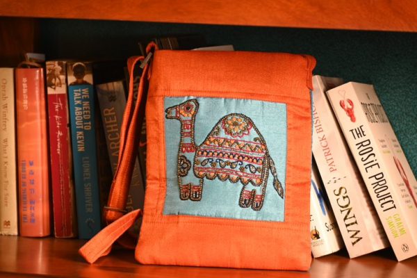 INDHA Camel Design Hand Embroidered Zardozi Work Orange & Sky Blue Sling Bag Dupion Silk Sling Bag Hand Crafted Sling Bag Travel Utility