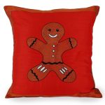 INDHA Cushion Cover with Hand-embroidered Gingerbread man Motif Red and Brown Dupion Silk 20.0 x 20.0 Inches Cushion Cover Throw Cushion Cover Home Furnishing Home Décor Gifting Festive Gifting Christmas Gifting Corporate Gifting Festive Décor
