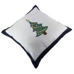 INDHA Cushion Cover with Hand-embroidered Christmas tree design White And Blue Dupion Silk 20.0 x 20.0 Inches Cushion Cover Throw Cushion Cover Home Furnishing Home Décor Gifting Festive Gifting Christmas Gifting Corporate Gifting Festive Décor