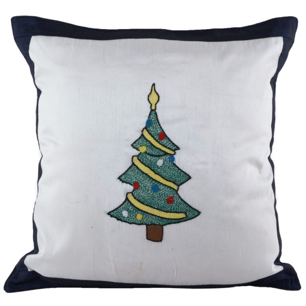 Christmas Tree Hand Embroidered On White And Blue Dupion Silk 20.0×20.0 Inches Cushion Cover | Throw Cushion Cover | Home Furnishing | Home Décor | Gifting | Festive Gifting | Christmas Gifting | Corporate Gifting | Festive Décor
