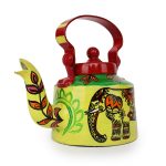 INDHA Yellow Handpainted Aluminium Decorative Kettle With Elephant Print Handpainted Décor Home Décor Home Utility Living Room Décor Gifting Décor Kitchen Utility