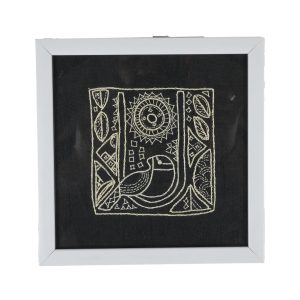 INDHA Bird Design Chain Stitch Hand Embroidered On Black Dupion Silk Wooden Table Decor | Set Of 2 Glass Coaster