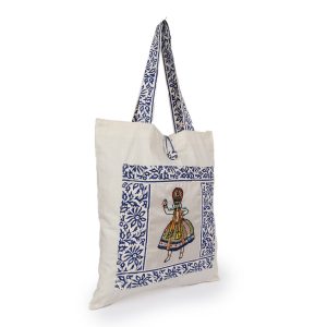 INDHA Multicolor Kathakali Dancer Chain Stitch Hand Embroidered And Block Printed Multipurpose Cotton White Tote Bag | Hand Block Printed Bag | Eco-Friendly | Gifting | Corporate Gifting | Shopping Bag | Laptop Carry Bag | Traditional Tote Bag