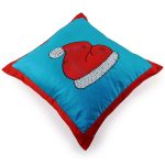 INDHA Cushion Cover with Hand-embroidered Santa’s hat design | Sky Blue and Red Dupion Silk | 20.0 x 20.0 Inches Cushion Cover | Throw Cushion Cover
