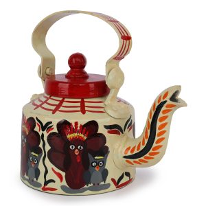 INDHA Off-White Handpainted Aluminium Decorative Kettle With Owl Print Handpainted Décor Home Décor Home Utility Living Room Décor Gifting Décor Kitchen Utility