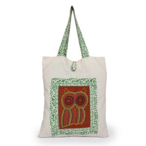 INDHA Owl Chain Stitch Hand Embroidered And Block Printed Multipurpose Cotton White Tote Bag | Hand Block Printed Bag | Eco-Friendly | Gifting | Corporate Gifting | Shopping Bag | Laptop Carry Bag | Traditional Tote Bag