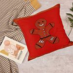 INDHA Cushion Cover with Hand-embroidered Gingerbread man Motif Red and Brown Dupion Silk 20.0 x 20.0 Inches Cushion Cover Throw Cushion Cover Home Furnishing