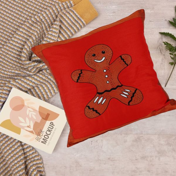 Brown Ginger Bread Man Cookie Design Hand Embroidered On Red And Brown Dupion Silk 20.0 X 20.0 Inches Cushion Cover | Throw Cushion Cover | Home Furnishing | Home Décor | Gifting | Festive Gifting | Christmas Gifting | Corporate Gifting | Festive Décor