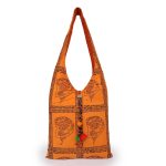 INDHA Woman Abstract Face Motif Hand Block Printed Orange Cotton Jhola Bag With Multicolor Latkan Multipurpose Cotton Bag Hand Block Printed Bag Eco-Friendly Gifting Shopping Bag Tradiitional Cotton Bag