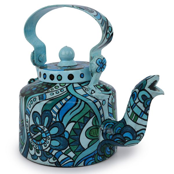 Turquoise And Blue Handpainted Aluminium Decorative Kettle With Abstract Art Print | Handpainted Décor | Home Décor | Home Utility | Living Room Décor | Gifting | Décor | Kitchen Utility