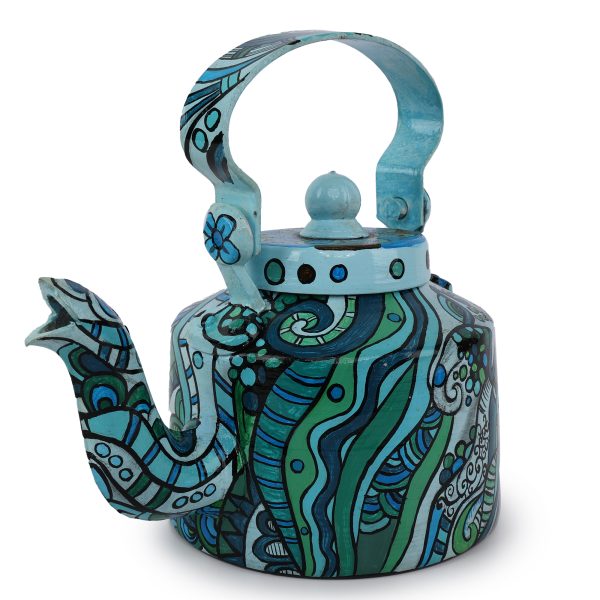 INDHA Turquoise And Blue Handpainted Aluminium Decorative Kettle With Abstract Art Print Handpainted Décor Home Décor Home Utility Living Room Décor Gifting Décor Kitchen Utility
