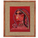 INDHA Wooden Framed Wall Decor With Hand Embroidered Portrait Of Rural Rajasthani Man Rural Woman