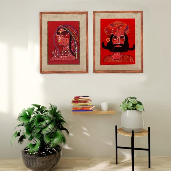 Wooden Framed Wall Decor With Hand Embroidered Portrait Of Rural Rajasthani Man Rural Woman