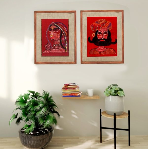 INDHA Wooden Framed Wall Decor With Hand Embroidered Portrait Of Rural Rajasthani Man Rural Woman