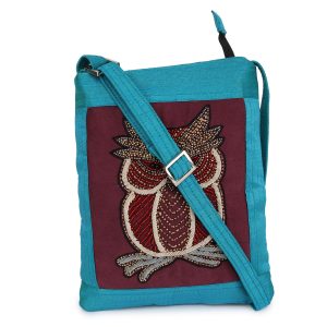 INDHA Sling bag with Exquisite Glass bead Hand-embroidered Owl Motif Sling bag Blue Maroon