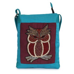 INDHA Sling bag with Exquisite Glass bead Hand-embroidered Owl Motif Sling bag Blue Maroon