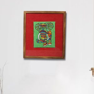 INDHA Elephant Design Hand Embroidered Multicolor Chain Stitch Work On Green Dupion Silk & Red Jute Wooden Wall Décor | Jute Wall Décor | Hand Embroidered Wall Décor | Home Décor | Home Furnishing