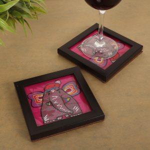 Indha Baby Elephant Design Kantha Work Hand Embroidered On Pink Dupion Silk Wooden Glass Coaster Set Set Of 2 Glass Coaster Hand Embroidered Utility Décor Home Utility Gifting Corporate Gifting Christmas Gifting Handcrafted Décor