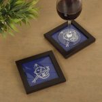 INDHA Doodle Robot Chain Stitch Hand Embroidery Navy Blue Silk Wooden Glass Coaster Set Set Of 2 Glass Coaster Hand Embroidered Utility Décor Home Utility