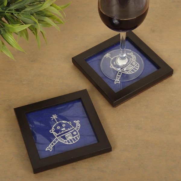 INDHA DOODLE ROBOT CHAIN STITCH HAND EMBROIDERY| NAVY BLUE SILK WOODEN GLASS COASTER SET | SET OF 2 GLASS COASTER | HAND EMBROIDERED UTILITY DÉCOR | HOME UTILITY | GIFTING | CORPORATE GIFTING | HANDCRAFTED DÉCOR |DINING UTILITY | KITCHEN & DINING