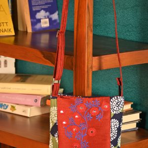INDHA Sling Bag| Handcrafted Sling Bag| Red Dupion Silk Sling Bag| Hand Embroidered Blue Design Pattern | Blue And Green Cotton Sling Bag| Hand Block Printed Traditional White Design Motif
