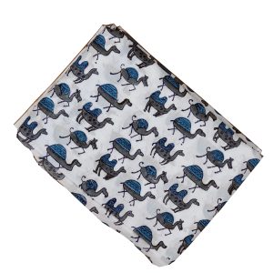 INDHA Hand Block Printed Cotton Fabric | Blue And Grey Camel Design Motif Light Grey Cotton Fabric