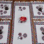 Indha Table Mat & Runner Set Hand Block Printed Red And Blue Dandelion Flower Design Motif Cotton Canvas Table Mats And Runner Set Set 0f 6 Table Mats And 1 Runner