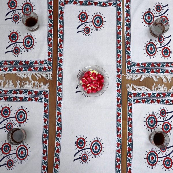 Indha Table Mat & Runner Set |Hand Block Printed Red And Blue Dandelion Flower Design Motif Cotton Canvas Table Mats And Runner Set | Set 0f 6 Table Mats And 1 Runner | Hand Block Printed Table Mats | Home Utility | Table Placemats | Dining Utility | Gifting | Corporate Gifting | Handcrafted Décor