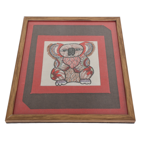 INDHA Handcrafted Wall Décor Red And Brown Jute Wall Décor Reprocessed Wood Wooden Frame Off White Dupion Silk Hand Embroidered Chain Stitch And Kantha Work Multicolor Koala Bear Design