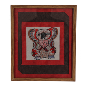 INDHA Handcrafted Wall Décor Red And Brown Jute Wall Décor Reprocessed Wood Wooden Frame Off White Dupion Silk Hand Embroidered Chain Stitch And Kantha Work Multicolor Koala Bear Design
