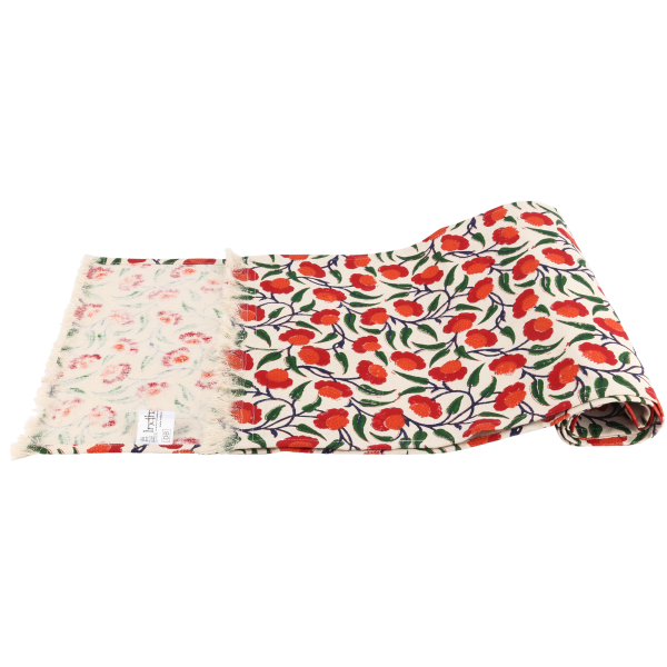 Indha Table Mats And Runner Set | Hand Block Printed Red And Orange Floral Design Motif Cotton Canvas Set 0f 6 Table Mats And 1 Runner | Hand Block Printed Table Mats | Home Utility | Table Placemats | Dining Utility | Gifting | Corporate Gifting | Handcrafted Décor
