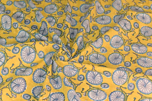 INDHA Hand Block Printed Cotton Fabric Grey Bicycle Design Motif Yellow Cotton Fabric Hand Block Printed Fabric Home Utility Fashion Utility Gifting Gifts For Him Gifts For Her Home Furnishing Jaipuri Block Print Fabric