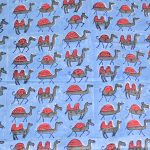 INDHA Hand Block Printed Cotton Fabric | Red And Grey Camel Design Motif Sky Blue Cotton Fabric