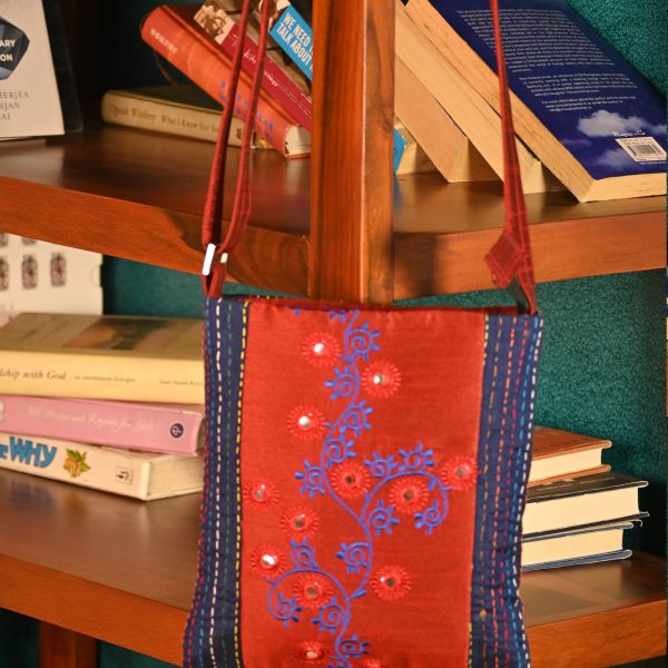 INDHA Sling Bag| Handcrafted Sling Bag| Red And Navy Blue Dupion Silk Sling Bag| Hand Embroidered Blue Design Pattern | Hand Embroidered Multicolor Kantha Work | Travel Utility | Cross Body Bag | Gifting | Fashion Bag | Fashion Accessory | Women Sling Bag