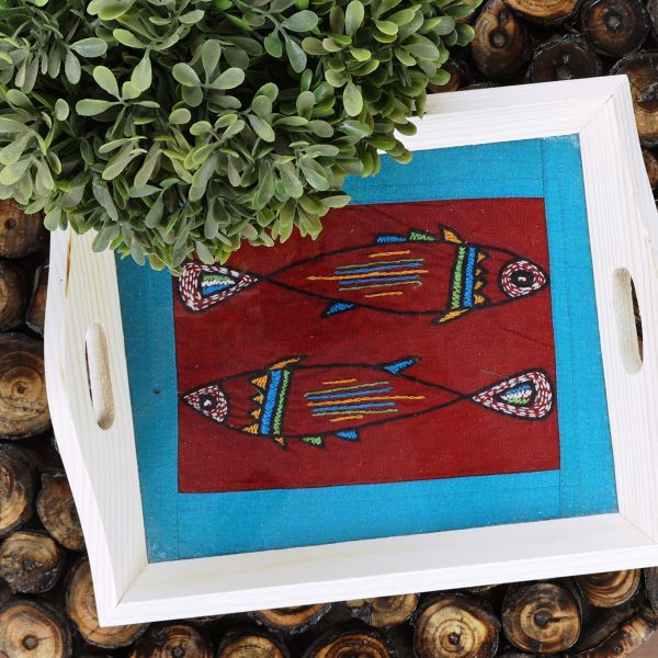 INDHA Handcrafted Wooden Tray | Hand Embroidered Multicolor Fish Design | Hand Embroidered Serving Tray | Home Utility | Office Utility | Gifting | Corporate Gifting | Dining Utility | Coffee Table Utility | Kitchen and Dining |